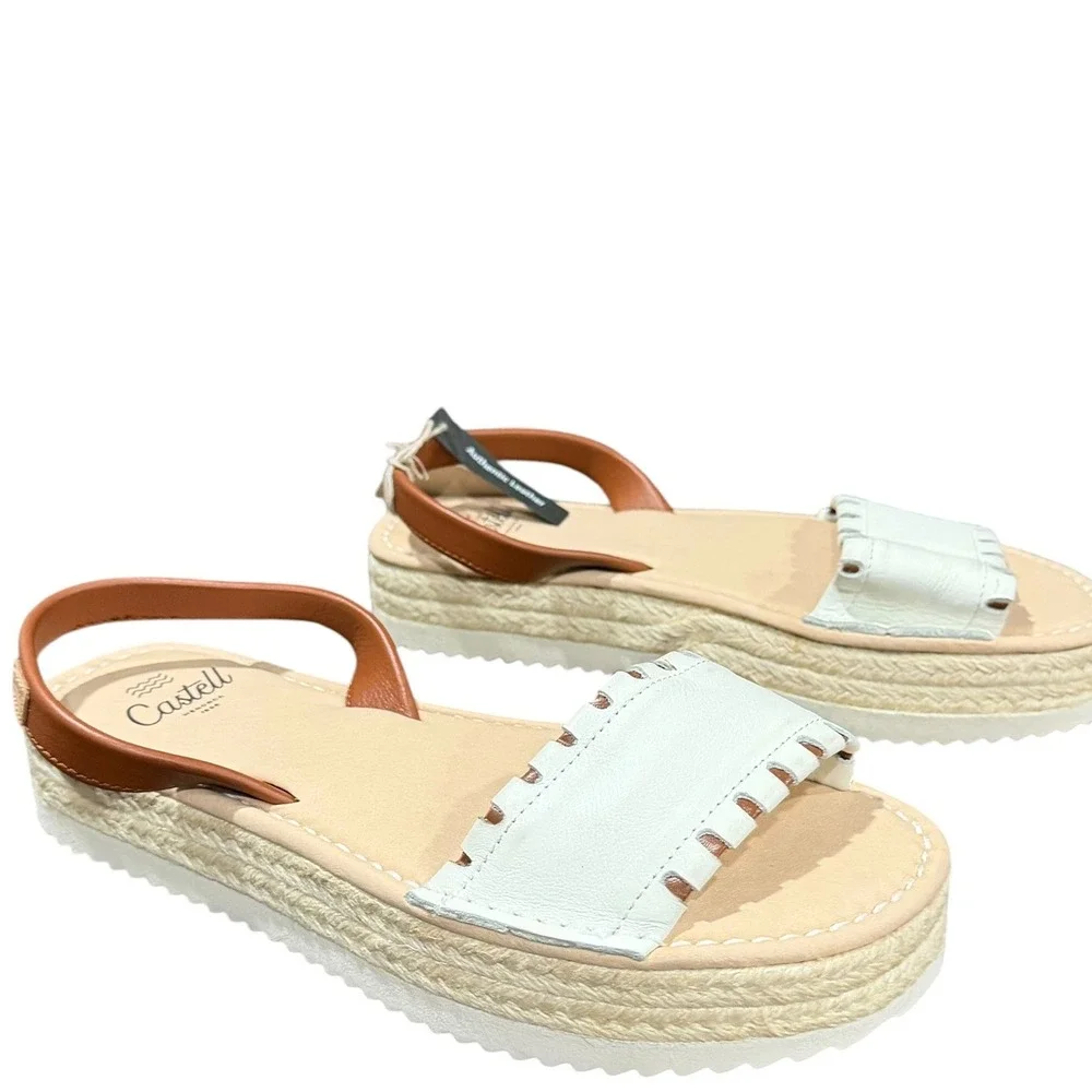 Castell Menorca Menorquina Sandals Womens 7.5 White Brown Leather Espadrille NWT
